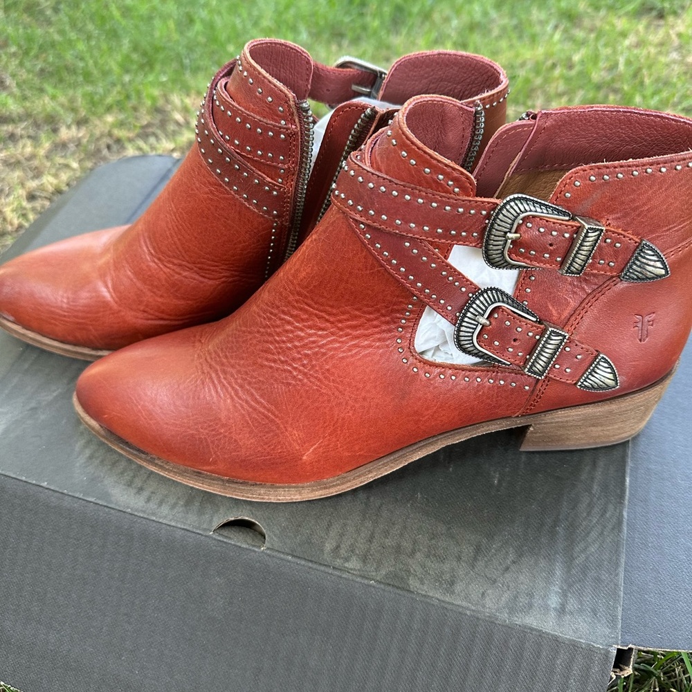 Frye Western Burnt Red Ankle Boots with Double Buckle Straps